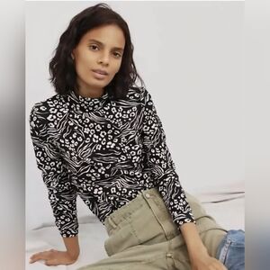 Anthropologie Women's Black White Botanical Monochrome Pattern Turtleneck - Sz S